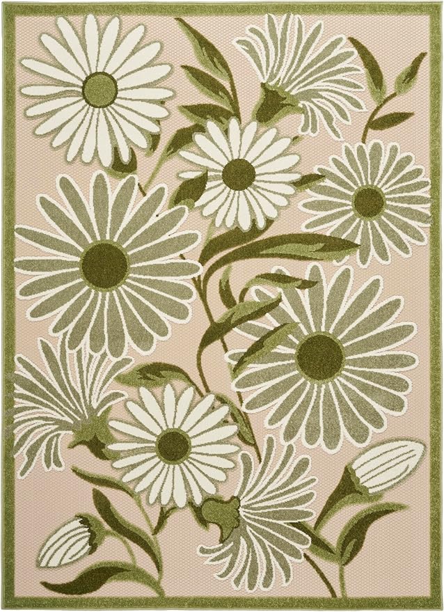 Nourison Home Aloha Ivory Green 3'6" x 5'6" Area Rug - Easy Clean, Non Shedding, Bed Room, Living Room, Dining Room, Kitchen (4' x 6')