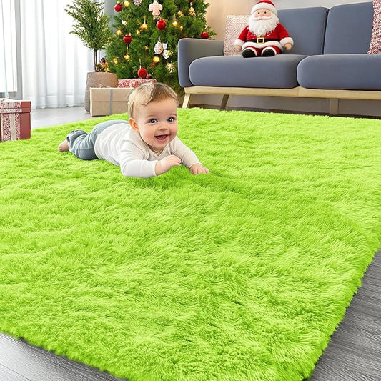 OLANLY Area Rugs for Living Room Bedroom, Machine Washable 4x5.9 ft Soft Fluffy Shaggy Bedside Rug, Indoor Floor Carpet for Kids Girls and Boys, Dorms, Nursery Rooms, Home Decor Aesthetic, Lime Green