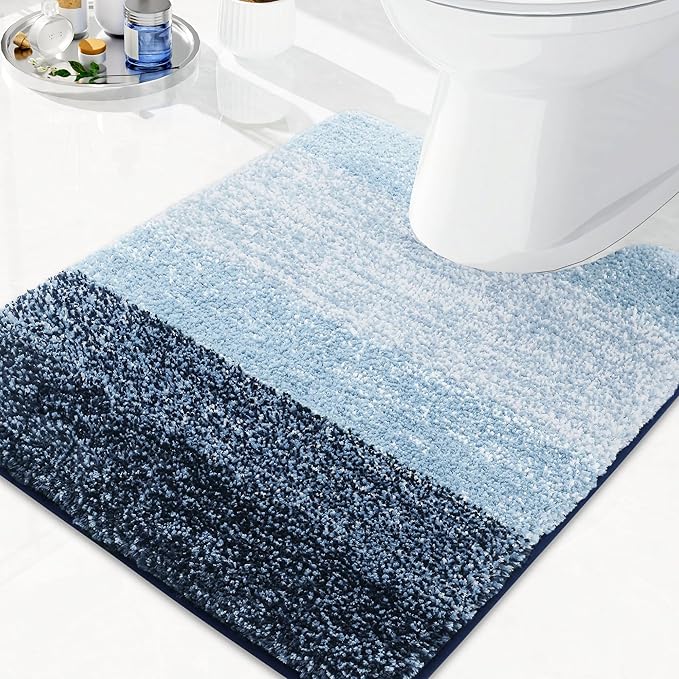 Arotive Microfiber Bathroom Rugs, Shaggy Soft and Absorbent Contour Toilet Rugs, Non-Slip, Thick Plush Machine Washable Dry Bath Mats for Toilet Base, 24x20, Dark Blue, U-Shape