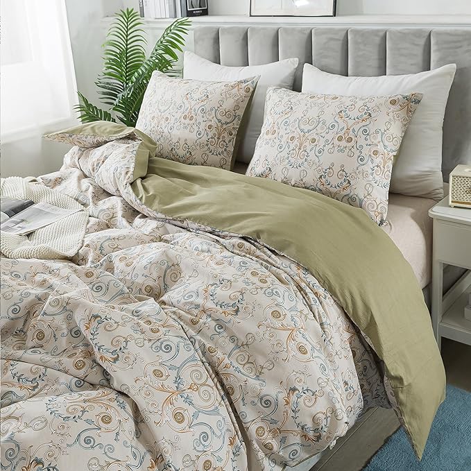 HoneiLife Duvet Dover Queen Size - 100% Cotton Comforter Cover Comfortable Duvet Cover Sets,Breathable Duvet Cover with Zipper Closure & Corner Ties,3-PC Luxurious Comforter Cover Sets, Nostalgia