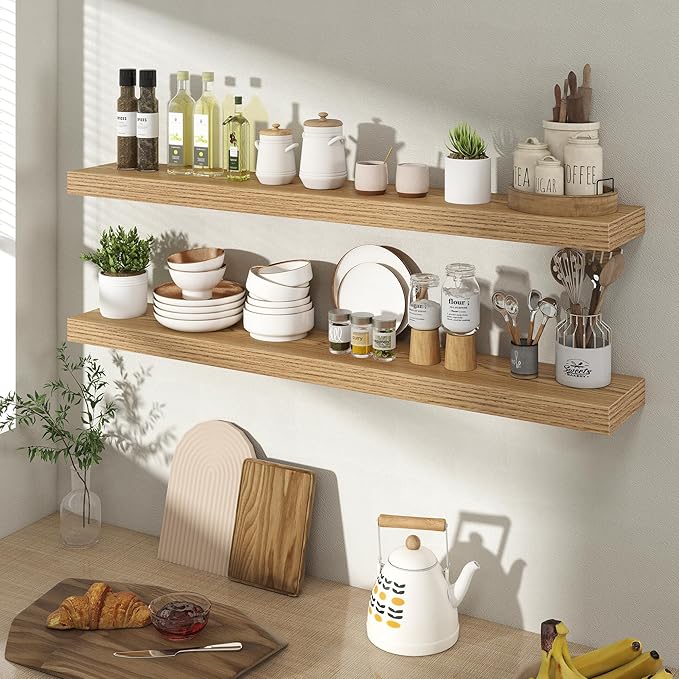 40 Inch Floating Shelves for Wall 2 Pack, 40" Wall Shelves for Books, Storage, Decor, Wall Mounted Floating Shelf with Invisible Brackets for Kitchen, Living Room, Light Brown