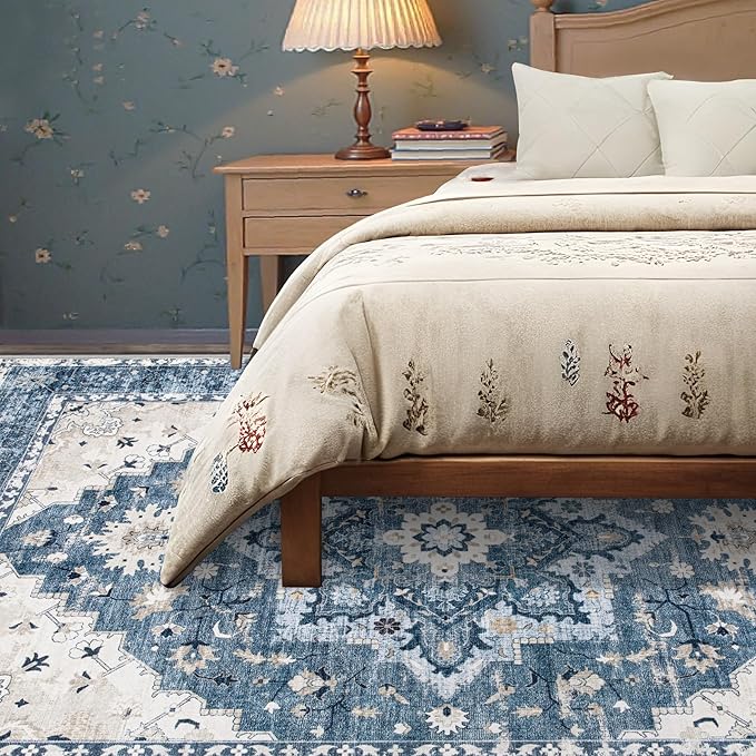 Area Rug 5x7 Vintage Rug: Washable Indoor Medallion Rugs Low Pile Distressed Floor Carpet Retro Accent Rug for Living Room Bedroom Kitchen Dining Table Home Office(Blue, 5'x7')