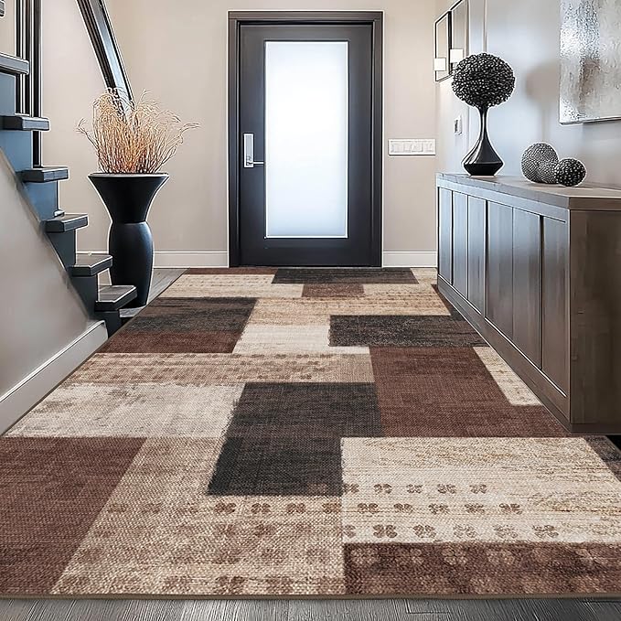 Modern Geometric Patchwork Indoor Area Rug for Living Room, Chocolate 10'x 14' Large Rug Rockwood Collection Hardwood Floors Decor for Bedroom, Brown Throw Carpet for Office Dining Room