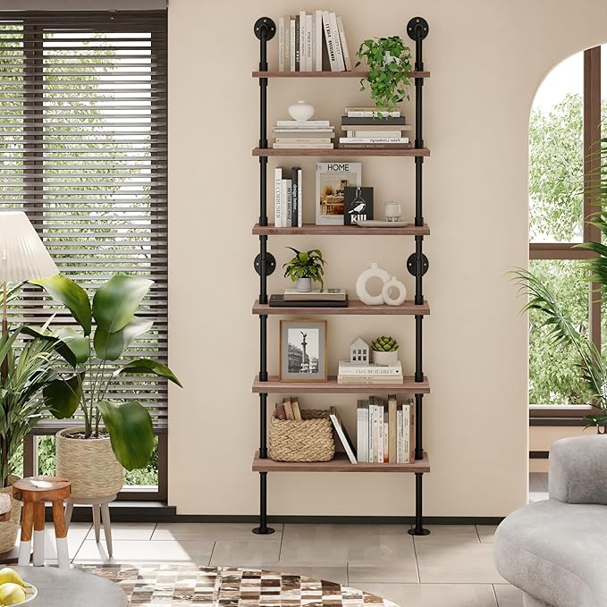 Pipe Industrial Shelves, Wall Mounted Wood Metal Ladder Rustic Bookshelf (Weathered Brown, 6 Tier - 10" D x 30" W x 82.5" H)