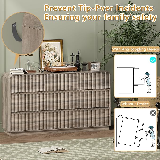 Grey Dresser Fluted 9 Drawers Dresser for Bedroom, 59" Wide Wood Chest of Drawers with Hidden Handles & Rounded Corners, Modern TV Stand Storage Cabinet for Living Room, Hallway, Entryway, Gray