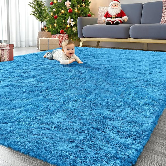 OLANLY 9x12 Machine Washable Large Area Rugs for Living Room, Bedroom, Soft Fluffy Shaggy Bedside Rug, Indoor Floor Carpet for Kids Girls and Boys, Dorms, Nursery, Home Decor Aesthetic, Bright Blue