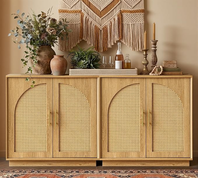 FORTUNETEC Sideboard Buffet Cabinet with Storage, 31.5" Modern Accent Cabinet with Rattan Arched Doors, Modular Media Console, Boho Credenza for Living Room Kitchen Dining Room Entryway, Oak