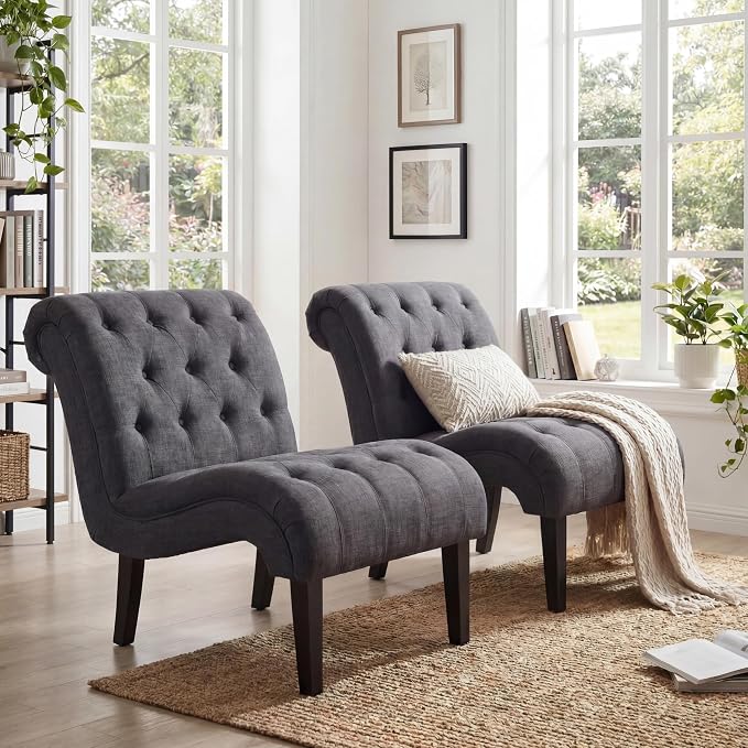 Accent Chairs Set of 2 Upholstered Living Room Bedroom Side Chairs Curved Button Tufted Armless Lounge Chair with Wood Legs Gray Fabric