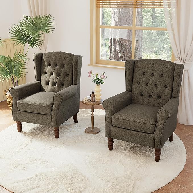 Accent Chairs Set of 2, High Back Upholstered Chair with Button Tufted, Mid-Century Modern Comfy Wingback Chair Reading Armchair in Fabric for Living Room for Bedroom, Office-Taupe