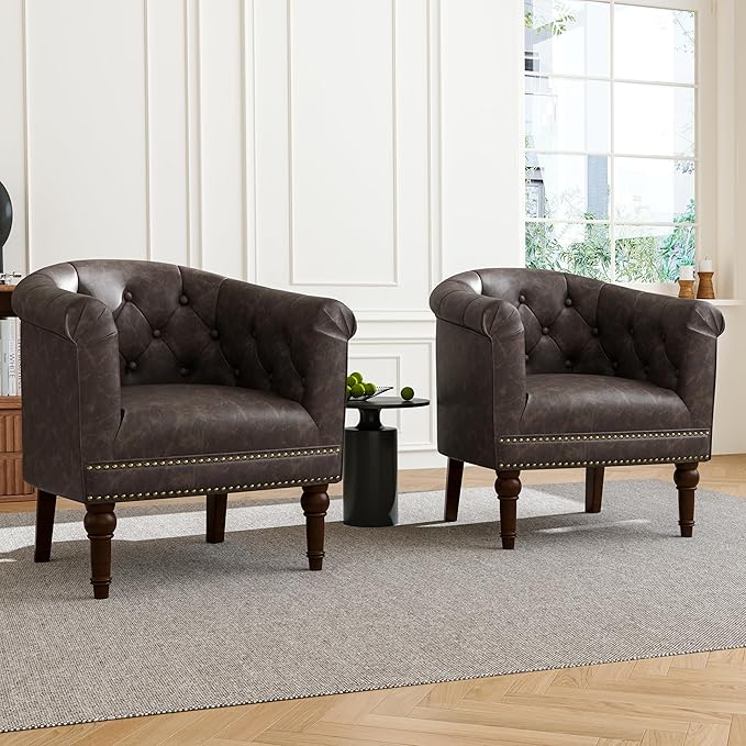Accent Chair, Upholstered Faux Leather Barrel Chair with Nailed Trim, Comfy Club Armchair for Reading Living Room Bedroom Waiting Room (Chocolate, Set of 2)