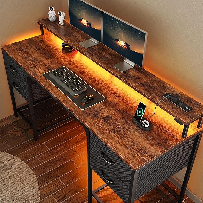 Huuger 63 inch Computer Desk with 4 Drawers, Gaming Desk with LED Lights & Power Outlets, Home Office Desk with Large Storage Space for Bedroom, Work from Home, Rustic Brown