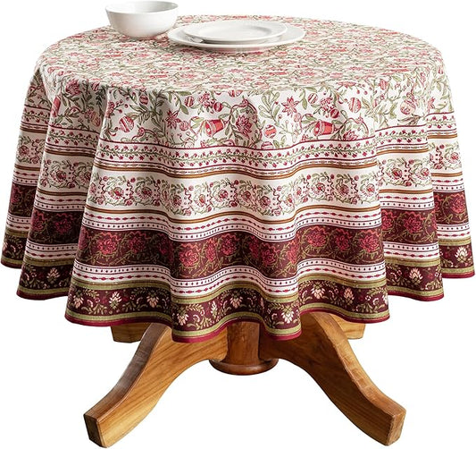 Maison d' Hermine Table Cloth Round Table 100% Cotton 69 Inches Fall Tablecloth Reusable Everyday Use for Thanksgiving Christmas Decorations Dining Farmhouse Party (Reveillon Au Jardin)