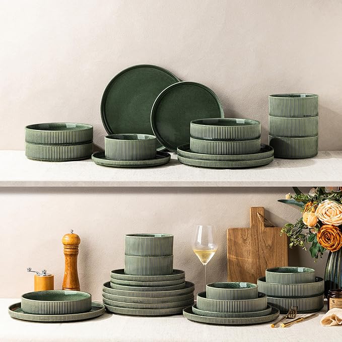 GBHOME 24-Piece Stoneware Dinnerware Set for 8 – Ribbed Ceramic Plates and Bowls, Scratch-Resistant, Microwave & Dishwasher Safe, Reactive Glaze, Dark Green