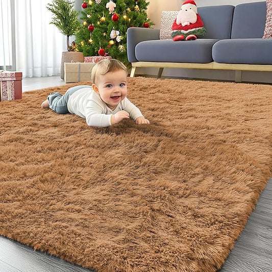 OLANLY Area Rugs for Living Room Bedroom, Machine Washable 4x5.9 ft Soft Fluffy Shaggy Bedside Rug, Indoor Floor Carpet for Kids Girls and Boys, Dorms, Nursery Rooms, Home Decor Aesthetic, Khaki