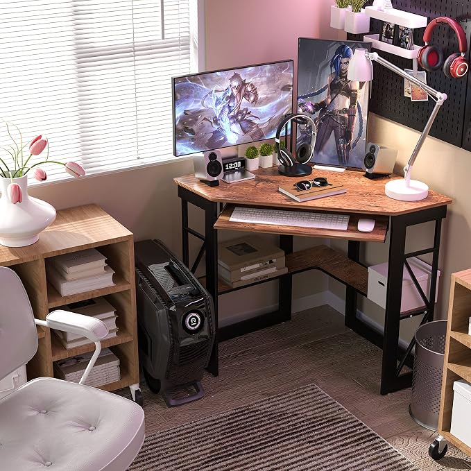 VECELO Corner Computer Desk 41 x 30 inches with Smooth Keyboard & Storage Shelves for Home Office Workstation, Antique Brown
