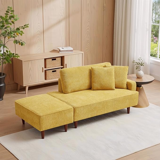 GDFStudio Upholstered Chaise Lounge Chair Indoor with Ottoman, Boucle Fabric Chaise Chair with 2 Throw Pillows and Solid Wood Legs, Recliner Lounge Chair for Office Living Room Bedroom, Yellow