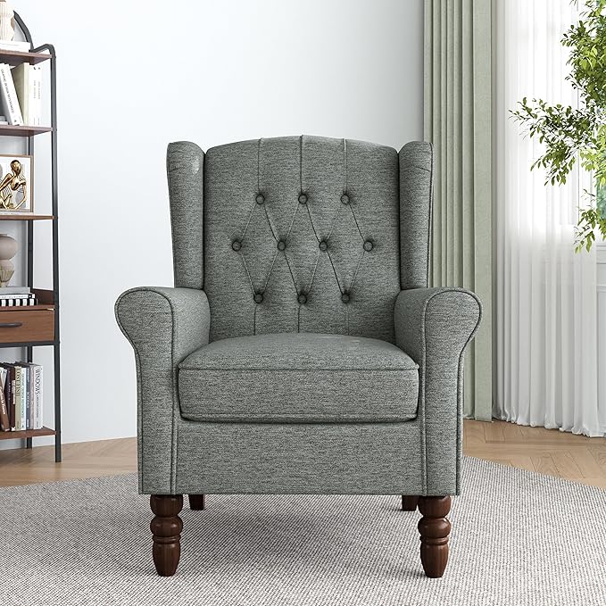 Accent Chair, High Back Upholstered Chair with Button Tufted, Mid-Century Modern Comfy Wingback Chair Reading Armchair in Fabric for Living Room for Bedroom, Office-Gray