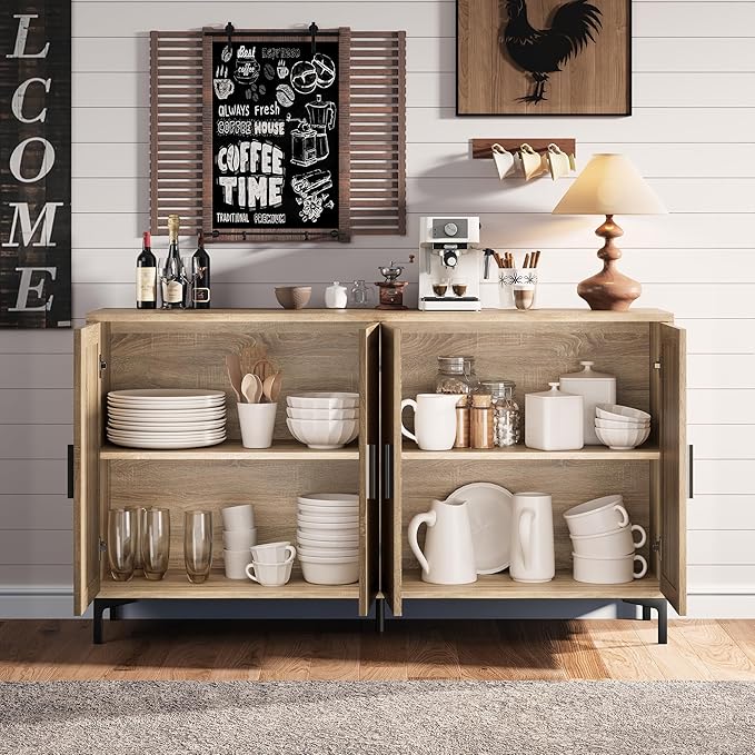 JASIWAY Buffet Cabinet with Storage, 48" Rattan Sideboard with Adjustable Shelves, Modern Coffee Bar Cabinet Console Table with Doors, Credenza for Kitchen, Living Room, Entryway, Dining Room, Wood