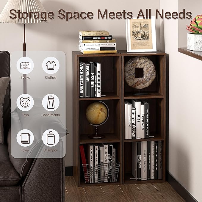 3 Cube Storage Organizer, 3Tier Cube Low Bookcase Freestanding Storage Display Organizer, Three-Cubes Open Shelf Bookshelf for Home Office (Dark Walnut,Black Walnut, 3-Cube)
