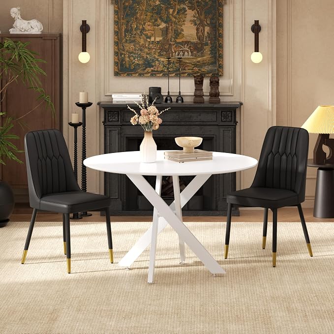 RGZ Mid Century White Round Dining Table Set for 2, 36" Small Wooden Circle Kitchen Table & 2 Black PU Leather Kitchen Chairs, Dinner Table Set for Home, Apartment, Dining Room