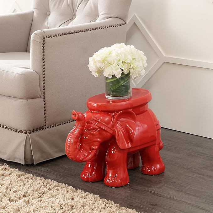 JONATHAN Y TBL1007B White Elephant 14.25" Ceramic Indoor/Outdoor Garden Stool Coastal, Contemporary, Transitional, Living Room, Bathroom, Garden Room, Patio, Red