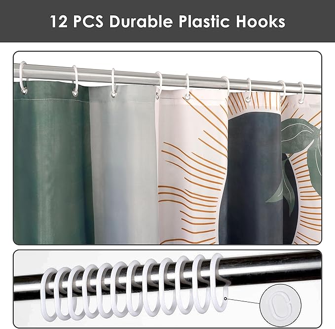 Mid Century Abstract Boho Aesthetic Shower Curtain Set, Gray Nature Leaf Sun Modern Minimalist Home Bathroom Curtain Decor with 12 Hooks 72 Inch Wide * 84 Inch High Grey