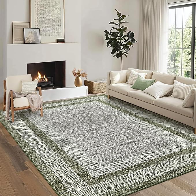 GarveeHome 8x10 Large Washable Area Rug Modern Bordered Rug Distressed Geometric Floor Carpet, Soft Non Slip Rug, Low Pile Non Shedding Rug, Indoor Green Rug for Bedroom, Living Room