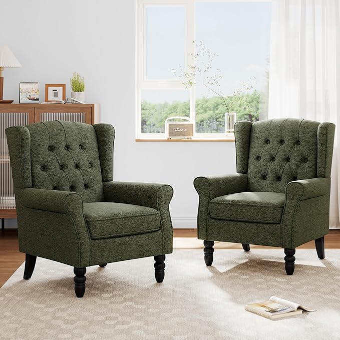 Accent Chairs Set of 2, High Back Upholstered Chair with Button Tufted, Mid-Century Modern Comfy Wingback Chair Reading Armchair in Fabric for Living Room for Bedroom, Office-Green