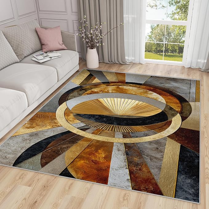 Geometric Rugs for Living Room - 5x6ft -Modern Luxury Abstract Art Rug for Bedroom Non Slip Low Pile Machine Washable Area Rugs, Geometric Carpets House Decor