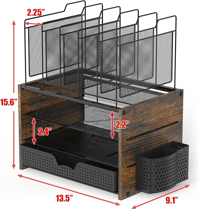 Simple Houseware Mesh Desk Organizer with Wooden Side Board and Metal Bars, 3 Shelves and 5 Upright Sections, Rustic Brown