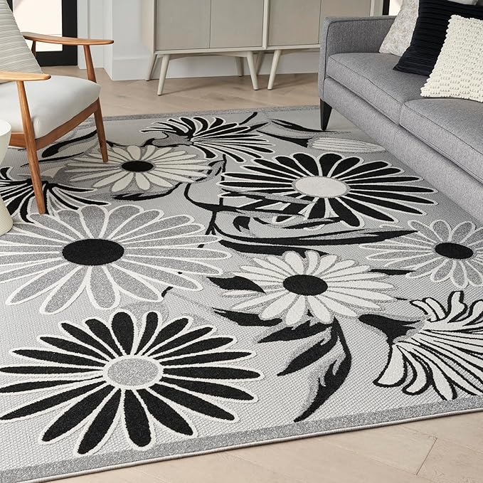 Nourison Home Aloha Black White 9' x 12' Area Rug - Easy Clean, Non Shedding, Bed Room, Living Room, Dining Room, Kitchen (9' x 12')