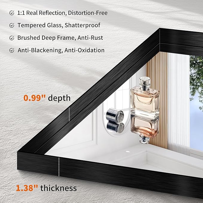 CIRCUMI Black Bathroom Mirror, 24"x48" Rectangular Mirror with Deep Metal Frame, Brushed Finish, Tempered Glass, Large Mirror for Wall, Over 2 Sinks, Installed Vertically/Horizontally, Crystal-Clear