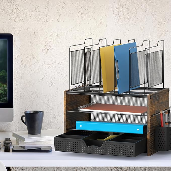 Simple Houseware Mesh Desk Organizer with Wooden Side Board and Metal Bars, 3 Shelves and 5 Upright Sections, Rustic Brown