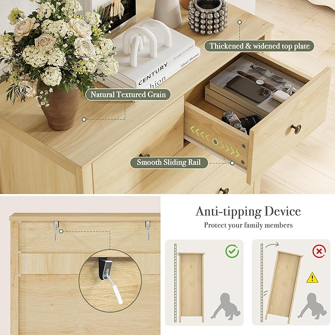 Dresser for Bedroom with 6 Drawers, 44” Tall Modern Wood Dresser Chest of Drawers with Metal Handle, Farmhouse Natural Solid Wooden Dressers Organizer for Living Room, Hallway