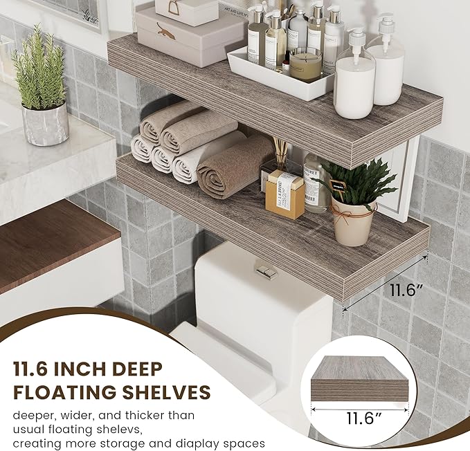 30 Inch Floating Shelves | 12 Inch Deep Grey Floating Shelves Set of 2 | 30" W x 12" D Rustic Wood Shelves for Wall | Deep Grey Shelves for Living Room Bathroom Laundry Room Kitchen