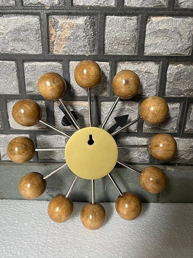 Mid Century Modern Ball Clock – George Nelson Style Wooden Wall Clock, Retro Starburst Design, Silent Non-Ticking Decorative Wall Decor for Living Room, Office, Kitchen & Home (Natural Brown, 24 Inch)