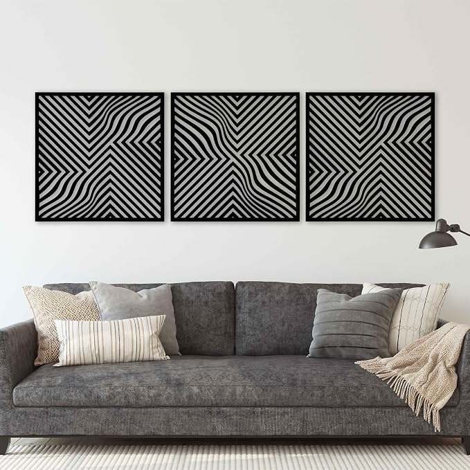 Large Abstract Art featuring Geometric Optical Wave Wood Wall Decor, Mid Century Modern Wooden Wall Panels, Triptych Home Accents Gift for Living Room and Bedroom