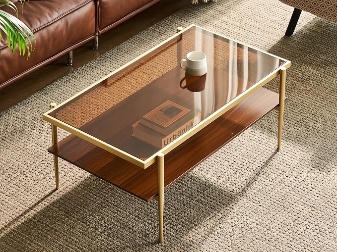 Shrine Rectangle Coffee Table, Mid-Century Modern Design, Two-Tier Walnut MDF Table, 39.4" D x 21.6" W x 17.3" H, Sleek Conical Metal Legs with Gold Finish