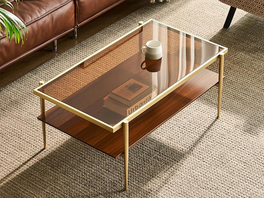 Shrine Rectangle Coffee Table, Mid-Century Modern Design, Two-Tier Walnut MDF Table, 39.4" D x 21.6" W x 17.3" H, Sleek Conical Metal Legs with Gold Finish