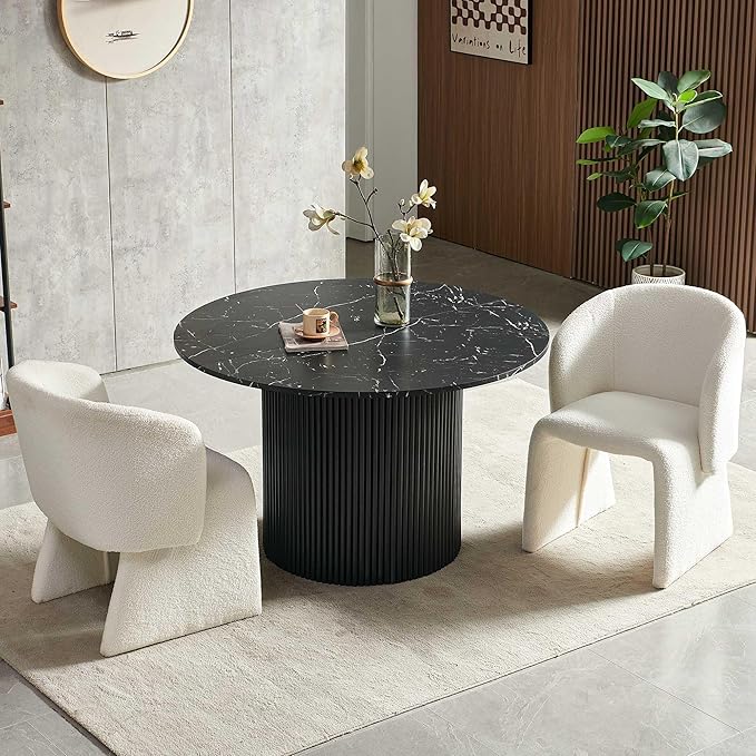 NORDICANA 3-Piece Round Dining Table Set for 2, Modern 47-Inch Kitchen Table and Chair Set, Dining Set with Off White Upholstered Armchairs, Manufactured Wood Top with Black Marble Effect Finish