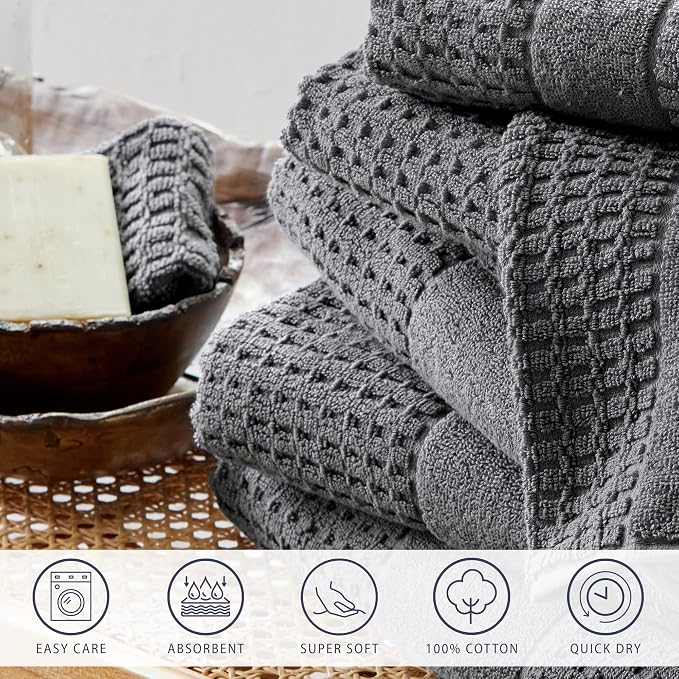 Market & Place 100% Cotton Super Soft Luxury Hand Towel Set | Quick-Dry and Highly Absorbent | Waffle Textured | 550 GSM | Includes 6 Hand Towels | Harper Collection (Dark Grey)