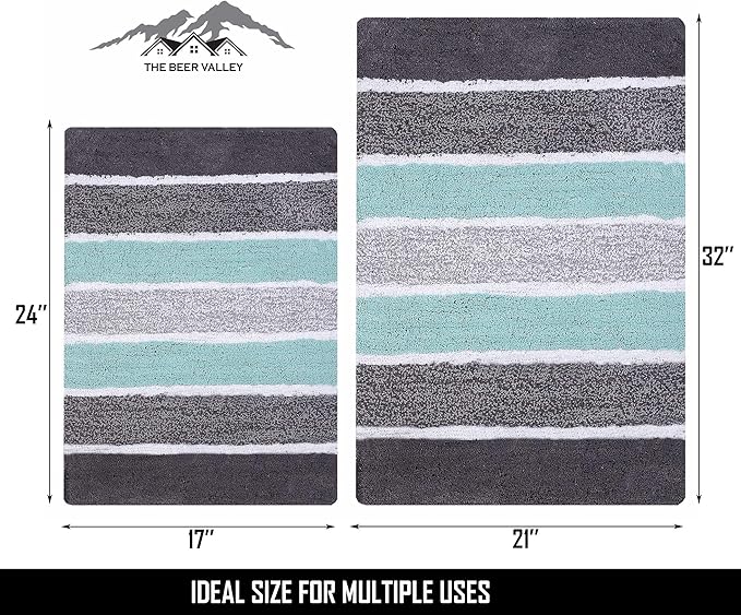 Bathroom Rugs Set 2 Piece Grey/Aqua Luxury Stripe Non-Slip Cotton Bath Mats for Bathroom Floor |Quick Dry Shaggy Carpet for Tub Spa Shower|Living Room Entry Way Door Mats |21x32 & 17x24 Inches