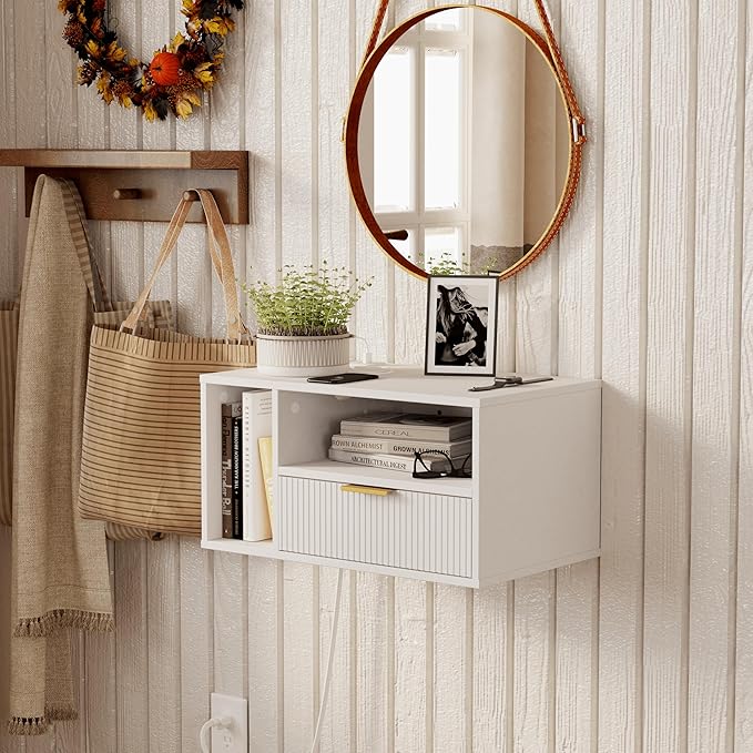 White Floating Nightstand with Charging Station and LED Lights,White