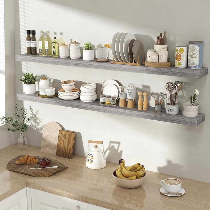 55 Inch Floating Shelves for Wall 2 Pack, 55" Wall Shelves for Books, Storage, Decor, Wall Mounted Floating Shelf with Invisible Brackets for Kitchen, Living Room, Gray