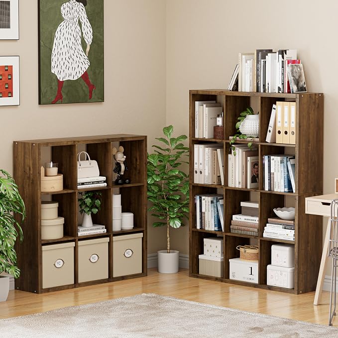 VDNEND Cube Storage Organizer Bookcase, Decorative 11 inch Open Back Cubical Shelf with Thickened Border, Display Bookshelf for Living Room, Home Office, Sturdy Room (Brown, 9 Cube)