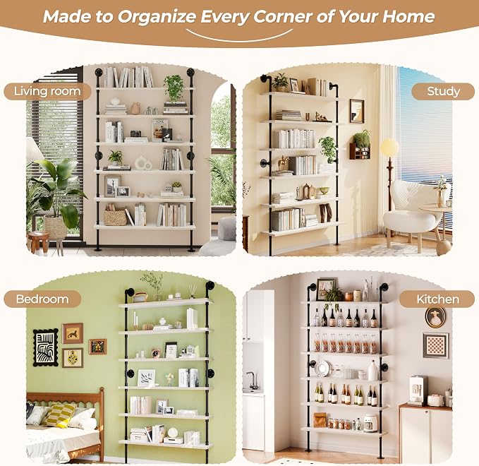 6 Tier Industrial Ladder Shelf Bookcase, Wall Mounted Rustic Bookshelf for Living Room Decor and Storage (White, 6 Tier - 10" D x 36" W x 82.5" H)