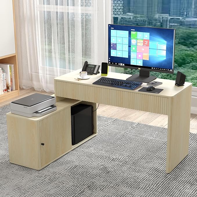 Modern Computer PC Desk Table with Storage, Corner L Shaped Desk with Drawers, Home Office Desk for Bedroom and Small Space, for Writing, Executive, Study, Work, Vanity - Natural
