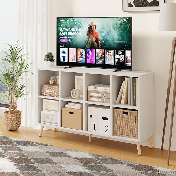 Flrrtenv 8-Cube Bookshelf 2 Tier Modern Bookcase with Legs, 11in Shelf Opening, 47" Wood Bookshelves Storage Organizer Shelf, Freestanding Open Book Shelves for Bedroom Living Room Office, White