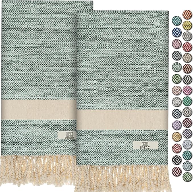 Hand Towels - Set of 2 | 18" x 30" - Decorative Turkish Hand Towel for Bathroom, Kitchen, Guest, Face, Hair, Tea, Dishcloth (Diamond, Mint)