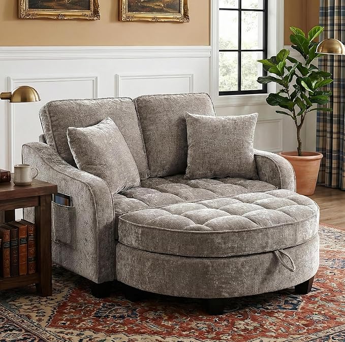 Round Chaise Lounge Chair with Storage Ottoman, Oversized Bubble Chair and a Half Featuring Adjustable Backrest, Plush Reading Accent Chair and Ottoman Set for Bedroom, Mocha Brown